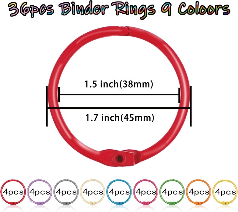 Antner 36PCS Metallic Loose Leaf Binder Rings 1 4/5" Colorful Book Rings, Metal Steel Loose Leaf Rings Keychain Key Rings Index Cards Rings Paper Rings for School Office, 9 Colors - Image 2